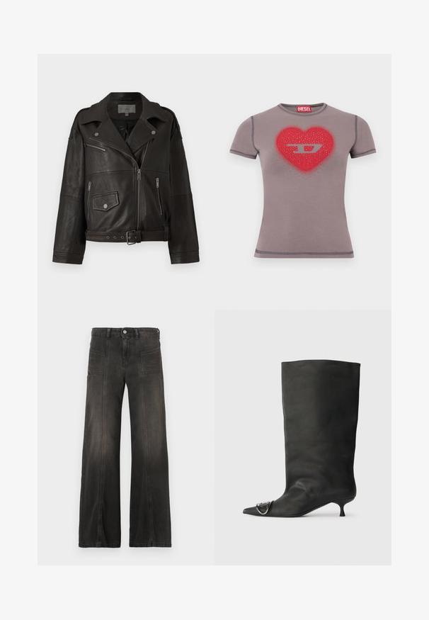 Chaqueta de biker de cuero negro con cremalleras plateadas, botones a presión y bolsillos laterales; cuenta con una cintura con cinturón y un diseño de cuello ancho.; Camiseta ajustada de manga corta en gris con un corazón rojo y un logo "D" plateado adornado con pequeñas tachuelas en el pecho.; Pantalones vaqueros de mezclilla negra de pierna ancha con un acabado descolorido, que cuentan con dos bolsillos frontales y detalles cosidos a lo largo de las costuras. Diseño de talle alto.; Bota de cuero negra hasta el tobillo con punta afilada, tacón pequeño y detalle metálico en la punta. Textura suave y mate en toda la superficie.