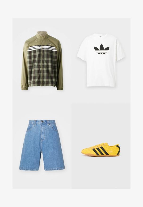 Grüner karierter Windbreaker mit Reißverschluss an der Vorderseite, elastischen Bündchen und weißen Streifen über der Brust. Polyesterstoff, leichtes Design.; Weißes Baumwoll-T-Shirt mit großem schwarzem Adidas Trefoil-Logo und drei horizontalen Streifen darunter. Kurze Ärmel, Rundhalsausschnitt.; Hellblaue Denim-Shorts mit lockerer Passform, hohem Bund, Fünf-Taschen-Design und dezentem Verblassen. Mit Knopfverschluss und Gürtelschlaufen.; Gelber Sportschuh mit strukturiertem Obermaterial, verziert mit schwarzen Streifen und Logo. Abgerundete Spitze, weiche Sohle und Zickzackmuster auf dem Material.