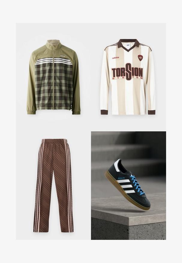 Grüner karierter Windbreaker mit Reißverschluss an der Vorderseite, elastischen Bündchen und weißen Streifen über der Brust. Polyesterstoff, leichtes Design.; Langärmliges Fußballtrikot in Beige mit weißen Streifen; verfügt über einen braunen Kragen und Bündchen, ein großes rotes "TORSION SYSTEM"-Logo und adidas-Branding.; Braune Jogginghose mit hellrosa vertikalen Streifen an den Seiten und einem sich wiederholenden Blattmuster überall, elastischer Bund, gerade Beinform.; Schwarzer Adidas-Sneaker mit weißen Streifen, blauen Schnürsenkeln und Gummisohle, der über einer grauen Betontreppe im weichen Licht schwebt.