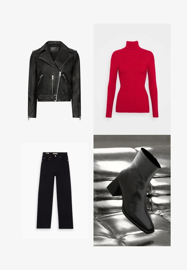 Sort lædermotorcykeljakke med asymmetrisk frontlynlås, flere lynlåslommer, brede revers og talje med bælte. Klassisk design.; Rød ribbet turtleneck sweater med lange ærmer, struktureret stof, tætsiddende silhuet og høj krave. Ingen synlige detaljer.; Sorte denim jeans med lige pasform, fem lommer, kobberdetaljer og en glat tekstur. To mærker synlige på taljebåndet.; Sorte ankelstøvler lavet af glossy materiale med firkantet tå og spidse hæle, sat mod en skinnende sølv tuftet baggrund.