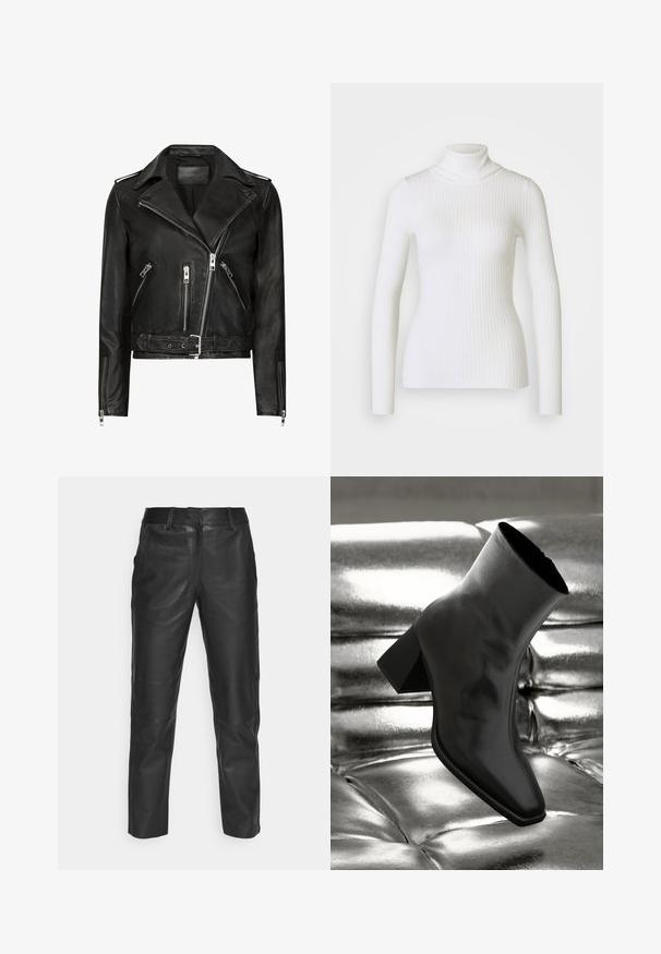 Sort lædermotorcykeljakke med asymmetrisk frontlynlås, flere lynlåslommer, brede revers og talje med bælte. Klassisk design.; Hvid ribbet turtleneck sweater med lange ærmer, der har en tætsiddende design og blød tekstur. Flad krave og sømløst udseende.; Sorte læderbukser med lige ben, glat tekstur og bæltestropper. Ingen synlige mønstre eller metaldele.; Sorte ankelstøvler lavet af glossy materiale med firkantet tå og spidse hæle, sat mod en skinnende sølv tuftet baggrund.