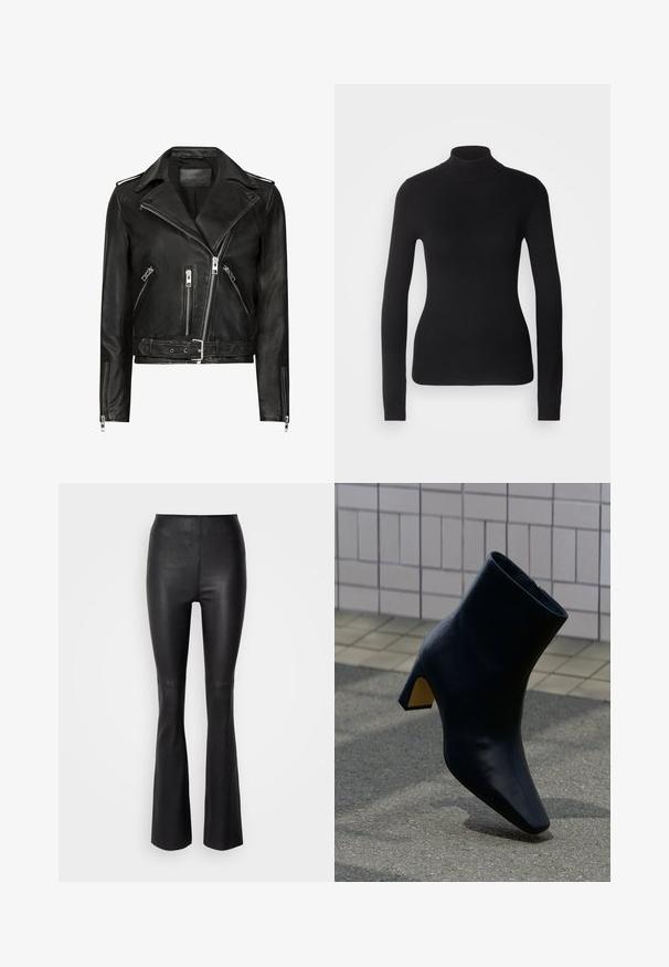 Sort lædermotorcykeljakke med asymmetrisk frontlynlås, flere lynlåslommer, brede revers og talje med bælte. Klassisk design.; Sort turtleneck sweater lavet af let strikket stof. Har lange ærmer, et tætsiddende design og en blød ribbet tekstur.; Sorte flagrende bukser lavet af glat, kunstlæder med høj talje og syninger over knæet.; Sort læder ankelstøvle med blokhæl stående på grå belægning foran en lys flisevæg.