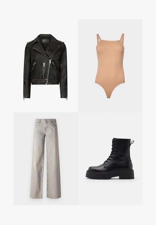 Zwarte leren motorjack met asymmetrische ritsen aan de voorkant, meerdere ritszakken, brede revers en een ceintuur in de taille. Klassiek ontwerp.; Beige geribbelde bodysuit met verstelbare bandjes, scoop halslijn en een aansluitende silhoutte, met een hoge beenuitsnijding en minimale naden.; Lichtgrijze wijde denim jeans, met een vijf-pocket ontwerp, sluiting met een knop aan de voorkant en een iets vervaagde textuur.; Zwarte leren enkelboots met een ronde neus, vetersluiting aan de voorkant en een dikke rubberen zool met een gestructureerd profiel. Trekbandje aan de achterkant.