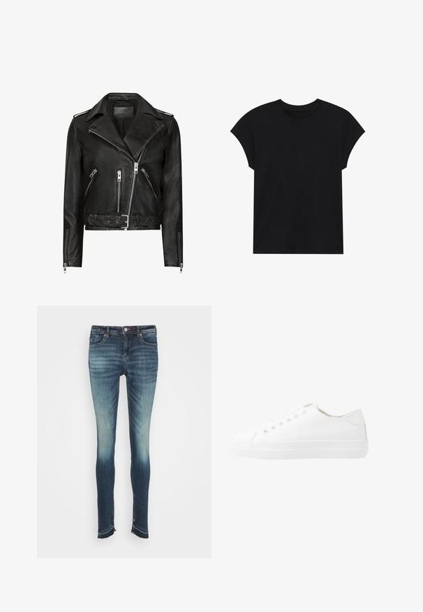 Schwarze Leder-Motorradjacke mit asymmetrischen Frontreißverschlüssen, mehreren Reißverschlusstaschen, breiten Revers und einem Gürtel in der Taille. Klassisches Design.; Schwarzes Baumwoll-T-Shirt mit Rundhalsausschnitt, kurzen Ärmeln und entspannter Passform. Glatte Textur und keine sichtbaren Muster oder Verzierungen.; Scotch & Soda SEASONAL ESSENTIALS BOHEMIENNE - Jeans Skinny Fit - reunited; Weiße Leinenschuhe mit niedrigem Schnitt, runder Zehenpartie, sechs Ösen und einer strukturierten Gummisohle. Glattes Material mit minimalen Akzenten.