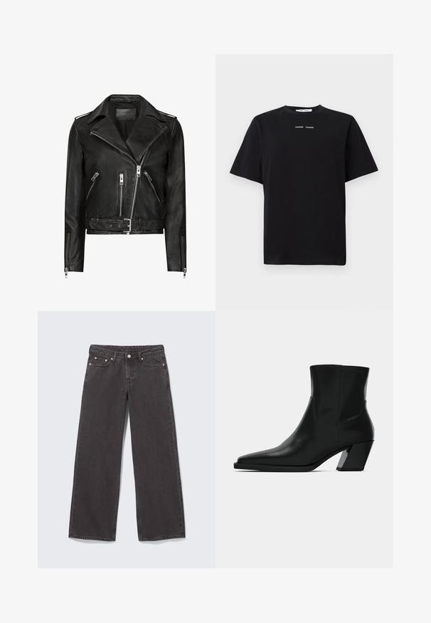 Schwarze Leder-Motorradjacke mit asymmetrischen Frontreißverschlüssen, mehreren Reißverschlusstaschen, breiten Revers und einem Gürtel in der Taille. Klassisches Design.; Schwarzes T-Shirt mit kurzen Ärmeln aus Baumwolle, mit Rundhalsausschnitt und zwei kleinen weißen Logos, die in der Mitte auf der Vorderseite platziert sind. Glatte Textur.; Schwarze Jeans mit weitem Bein aus Denim, ausgestattet mit Kupfernieten, fünf Taschen und einem Knopfverschluss. Weiche, robuste Textur, mit einem geraden Schnitt von der Taille bis zum Saum.; Schwarze Leder-Stiefelette mit spitzem Zeh, schlanker Silhouette und klobigem quadratischem Absatz. Glatte Textur mit minimalen Nähdetails.