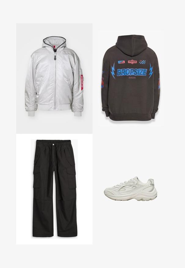 Veste bomber argentée avec une fermeture éclair à l'avant, des poignets côtelés et des poches latérales. Elle possède une capuche et une étiquette en tissu sur la manche. Texture lisse.; Sweat à capuche gris foncé avec un grand texte bleu "DROPSIZE" et des graphiques colorés. Comprend une capuche, des poignets côtelés et divers patchs imprimés.; Pantalons cargo noirs avec taille élastique, fermeture à bouton et fermeture éclair, et plusieurs poches à rabat avec boutons à l'avant et sur les côtés.; Baskets blanches avec une tige texturée et une semelle épaisse. Elles présentent des lignes courbes, des accents gris subtils et un design à lacets.