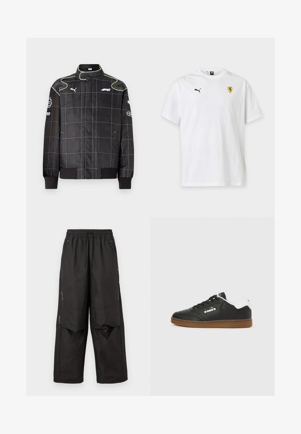 Schwarze Rennjacke mit Karomuster, ausgestattet mit grünen Nähten, hohem Kragen und gerippten Bündchen. Logos auf den Ärmeln und der Brust. Leichtes Material.; Weißes Puma T-Shirt mit kurzen Ärmeln, das ein kleines schwarzes Puma-Logo auf der linken Brust und ein gelbes Ferrari-Wappen auf der rechten Brust zeigt.; Schwarze locker sitzende Hose mit elastischem Bund, vorderen Reißverschlusstaschen, Knieeinsätzen und dezenten reflektierenden Details an den Seiten.; Schwarzer Ledersneaker mit weißem Fersenlasche, Gummisohle, schwarzen Schnürsenkeln und silbernem Diadora-Logo an der Seite und Sohle.