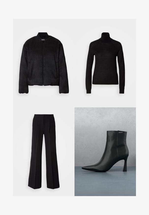 Sort bomberjakke med et tekstureret design, lynlåslukning, ribbet krave og elastiske manchetter. Har en almindelig pasform og glat stof.; Sort turtleneck sweater lavet af et let strikket stof. Har lange ærmer og en tætsiddende silhuet med raglan-sømme.; Sorte bukser lavet af glat stof, med høj talje, bred ben silhuet og to frontfolder for ekstra design detaljer.; Sort læder ankelstøvle med spids tå og geometrisk hæl. Har subtil branding og en glat overflade. Baggrunden består af strukturerede fliser.