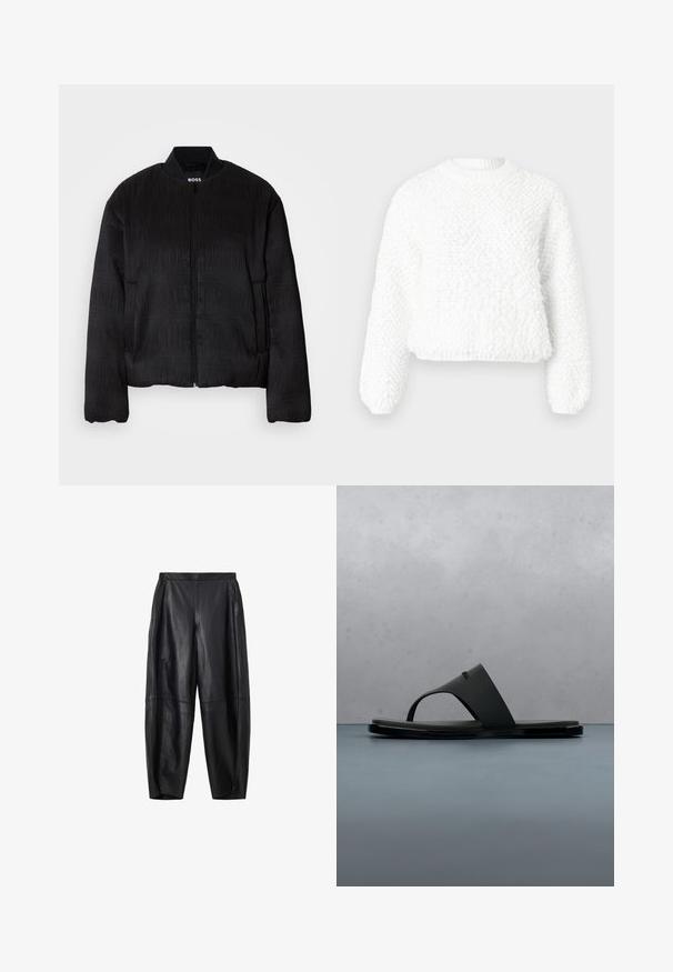 Veste bomber noire avec un design texturé, fermeture éclair, col côtelé et poignets élastiques. Présente une coupe régulière et un tissu lisse.; Pull en maille blanche texturée à manches longues, encolure ronde côtelée, et ourlet légèrement court sur un fond uni.; Pantalon large en simili cuir noir avec taille élastique et poches latérales, présenté sur fond blanc.; Sandale noire Calvin Klein à lanière flottant au-dessus de lames de bois avec des petites pierres en plein air, arrière-plan flou de verdure et mur en béton.