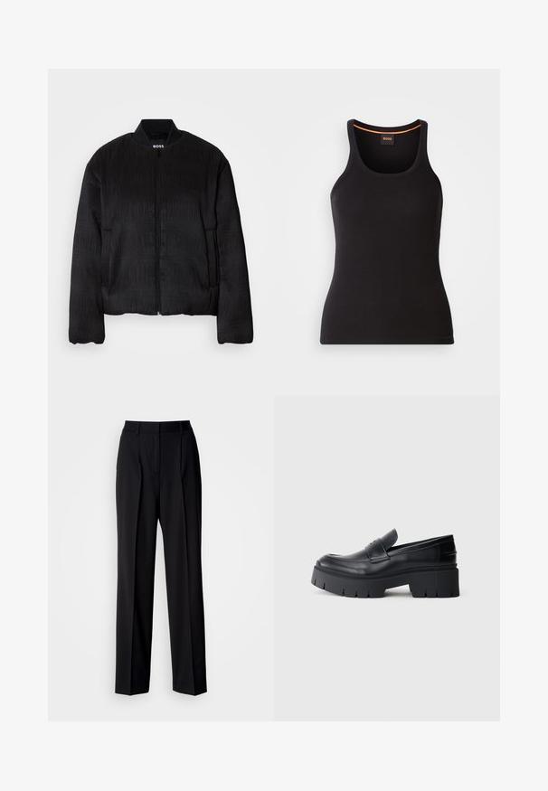Veste bomber noire avec un design texturé, fermeture éclair, col côtelé et poignets élastiques. Présente une coupe régulière et un tissu lisse.; Débardeur noir côtelé avec un col rond. Présente une coupe ajustée et un accent orange au niveau du col. Logo de la marque discrètement brodé à l'avant.; Pantalon noir ajusté avec taille haute, plis et coupe à jambes larges. Confectionné en tissu lisse, avec devant plat et passants pour ceinture.; Mocassin plateforme noir épais avec tige en cuir lisse, sangle décorative et semelle texturée épaisse sur fond blanc.