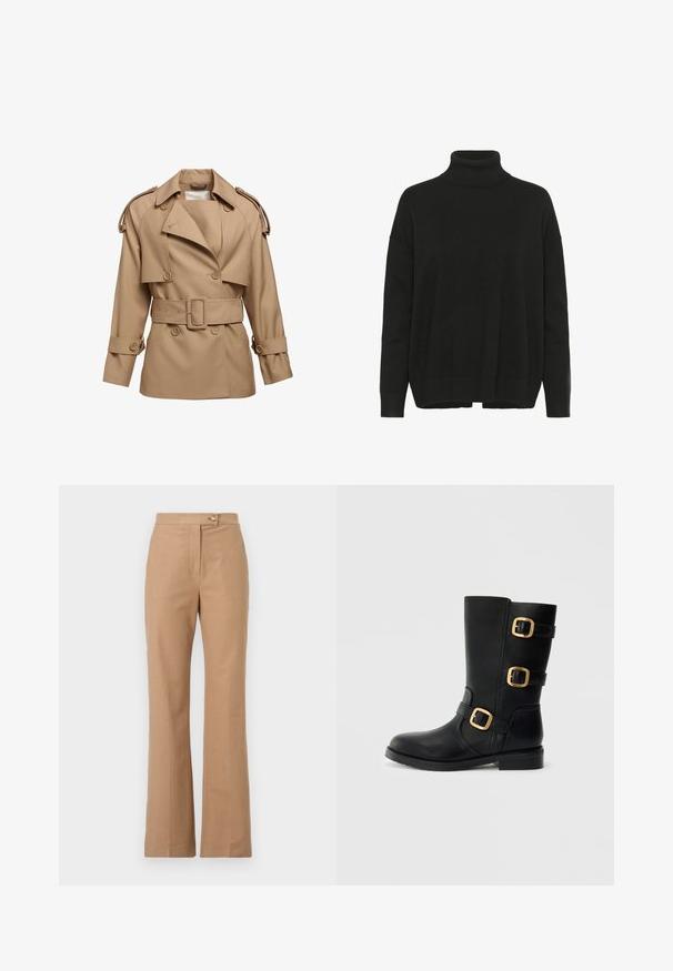 Beige trench coat, jossa on kaksirivinen malli, leveä kaulus, vyöllinen vyötärö ja hartiahihnat. Varustettu napitettuine hihoineen ja sileällä pinnalla.; Mustassa pooloneuleessa on pehmeä neulekangas, rento muotoilu, roikkuneet olkapäät sekä ribbitetty helma ja hihansuut. Yksinkertainen, klassinen muotoilu.; Beige housut, joissa on laaja siluetti, valmistettu sileästä kankaasta, edessä nappisuljenta ja kaksi sivutaskua.; Musta nahkainen nilkkabootsi, jossa on kolme kullanväristä solkea, tukevat pohjat ja sileä pinta. Varustettu pyöristetyllä kärjellä ja keskikokoisella lohkopohjalla.