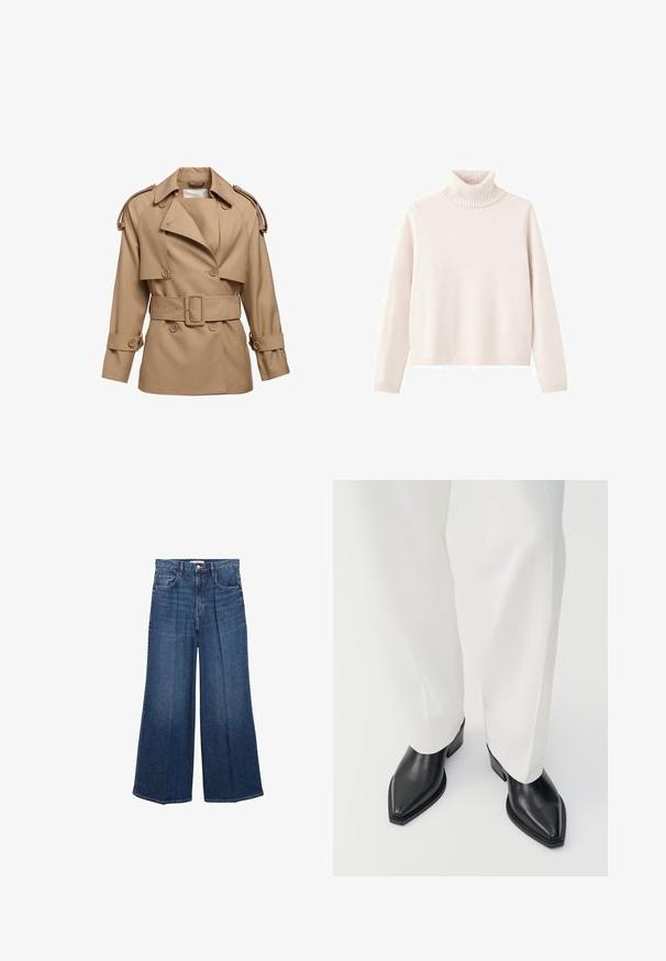 Beige trenchcoat med dobbeltknap-design, bred krave, bæltestrop i taljen og skulderstropper. Har knaplukning ved håndleddene og en glat tekstur.; Lyserød turtleneck sweater lavet af blødt strikket stof, har ribbet krave og manchetter, med en afslappet pasform og minimalistisk design.; Viddejeans i mørkeblå denim med høj talje, bæltesløjfer og klassisk fem-lomme design. Afsluttet med en ren kant.; Sorte spidse ankelstøvler med en glat læderoverflade, lave blokhæle, og parret med hvide brede bukser. Enkel og moderne design.