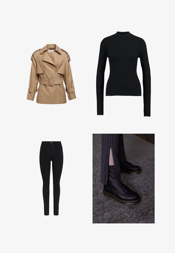 Beige trenchcoat med dobbeltknap-design, bred krave, bæltestrop i taljen og skulderstropper. Har knaplukning ved håndleddene og en glat tekstur.; Sort ribbet turtleneck sweatertype med lange ærmer og en tætsiddende pasform, der har en glat tekstur og en struktureret silhuet.; Sorte højtaljede skinny bukser med knap- og lynlåslukning samt bæltestropper, vist mod en hvid baggrund.; Sorte læder snørebåndsstøvler med en struktureret overflade, gule syninger og en solid, gennemsigtig sål. Samlet med stribede bukser med lynlåse.