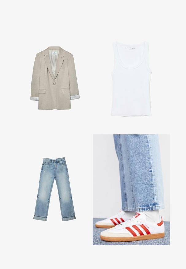 Blazer beige en tissu léger, avec une fermeture à un bouton, des revers découpés et des détails rayés sur les poignets. Deux poches avant incluses.; Débardeur blanc uni sans manches avec encolure arrondie, fabriqué en tissu doux, étiquette à l'intérieur du col indiquant la marque et la taille.; Jean en denim bleu clair à jambes larges avec revers de bas de pantalon et légère usure sur les poches avant et les cuisses.; Baskets en cuir blanc avec des rayures et des accents rouges. Dotées d'une semelle extérieure en gomme texturée et d'un col rembourré. Portées avec un jean en denim bleu clair.