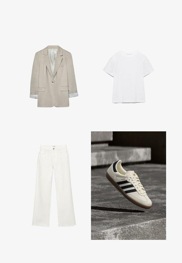 Blazer beige en tissu léger, avec une fermeture à un bouton, des revers découpés et des détails rayés sur les poignets. Deux poches avant incluses.; T-shirt blanc uni à manches courtes et col rond, avec un ourlet droit, présenté sur un fond blanc.; Pantalon en jean blanc à jambe large avec poches avant, passants de ceinture, fermeture par bouton et ourlets bruts.; Baskets blanches Adidas Samba avec des bandes noires et une semelle en gomme, flottant au-dessus de marches en béton gris texturé.
