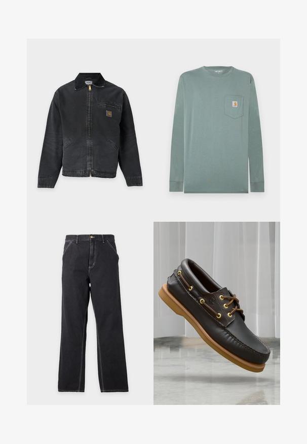 Veste de travail noire avec fermeture éclair, petit patch logo sur la poche poitrine et deux poches avant, avec un col plié.; Chemise à manches longues en coton vert clair avec un col rond, dotée d'une poche poitrine gauche et d'un écusson logo en orange et blanc.; Jean noir à coupe droite avec poches avant, passants de ceinture et coutures blanches visibles sur un fond gris clair uni.; Chaussures de bateau en cuir marron avec un design rembourré, œillets jaunes, lacets marron et semelle en caoutchouc tan ; elles présentent des détails de couture complexes.
