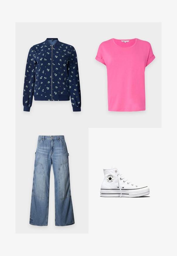 Marineblå bomberjakke med blomstermønster i lyseblå og grøn, med lynlås foran, ribbede manchetter og nederkant for et tætsiddende look.; Lyserød t-shirt med korte ærmer og rund halsudskæring, lavet af blødt stof, med oprullede ærmer og løstsiddende pasform.; Good American GOOD EASE RELAXED - Jeans Relaxed Fit - indigo; Hvid højtop Converse Chuck Taylor All Star-sneaker med sort logo-patch og hvide snørebånd, vist på hvid baggrund.