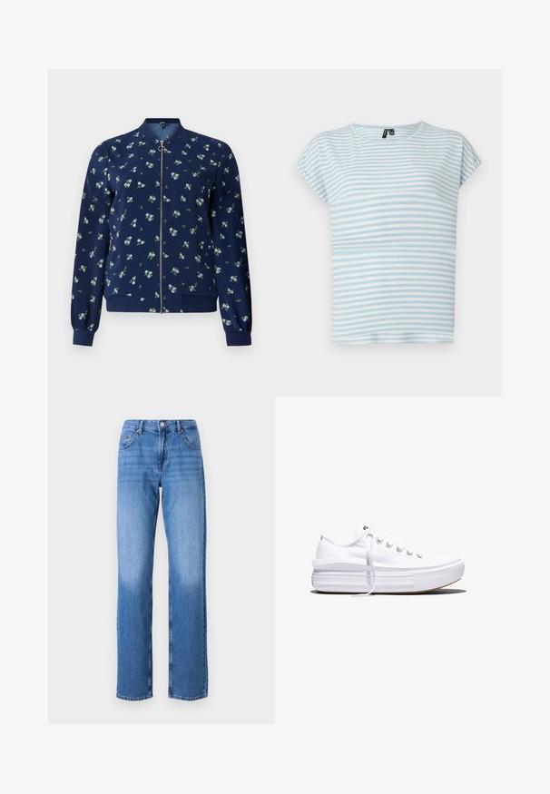 Marineblå bomberjakke med blomstermønster i lyseblå og grøn, med lynlås foran, ribbede manchetter og nederkant for et tætsiddende look.; Lyseblå stribet t-shirt lavet af blødt bomuld. Har korte ærmer og en rund halsudskæring. Vandre striber i varierende bredder.; Lyseblå denimjeans med høj talje, lige ben og slidte områder. Har almindelige for- og baglommer samt en knaplukning.; Hvid lavt snørestøvle med tyk plateau-sål, snørelukning foran og gummiforstærket tåkap, set i sideprofil.