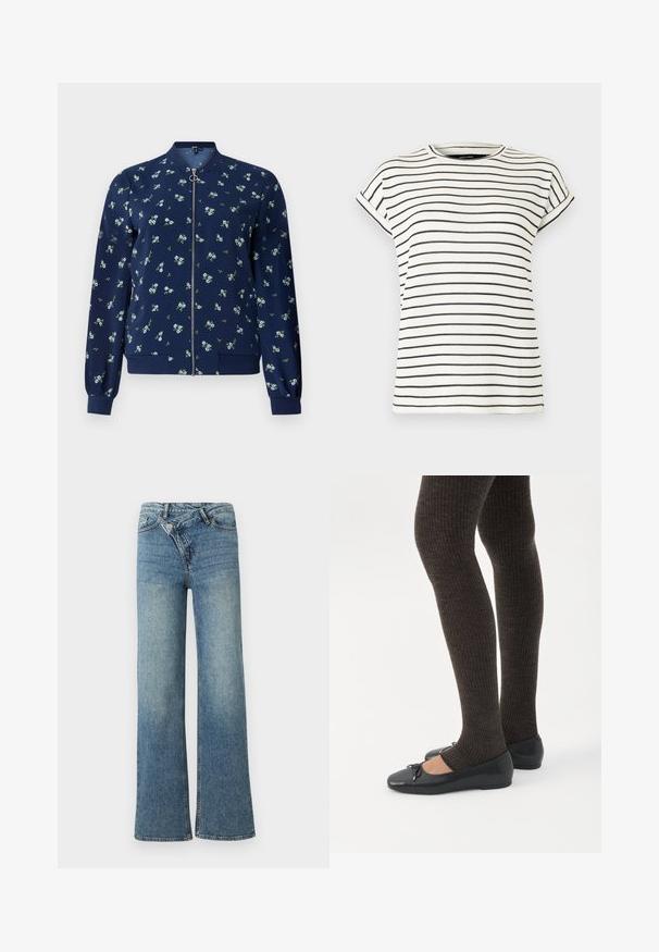 Marineblå bomberjakke med blomstermønster i lyseblå og grøn, med lynlås foran, ribbede manchetter og nederkant for et tætsiddende look.; Hvid kortærmet t-shirt med lodrette sorte striber, rund halsudskæring og opbuk ved ærmerne. Blødt strikket stof.; Lyseblå denim jeans med vide ben og høj talje, let falmet effekt og knaplukning foran. Har fem lommer og minimal syning.; Ben iført mørke ribbede leggings kombineret med sorte balletsko med små sløjfedetaljer på hvid baggrund.