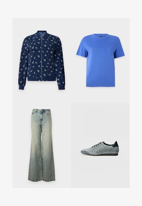 Marineblå bomberjakke med blomstermønster i lyseblå og grøn, med lynlås foran, ribbede manchetter og nederkant for et tætsiddende look.; Solid blå t-shirt med korte ærmer og rund hals vist på en ensartet lys grå baggrund.; Lyseblå vide jeans lavet af denim, med høj talje, bleget vask og sidelommer med synlige stikninger.; Lysegrå læder sneakers med et strømlinet design, der har stikninger, sorte snørebånd og en mørk hælaccent. Gummisål.