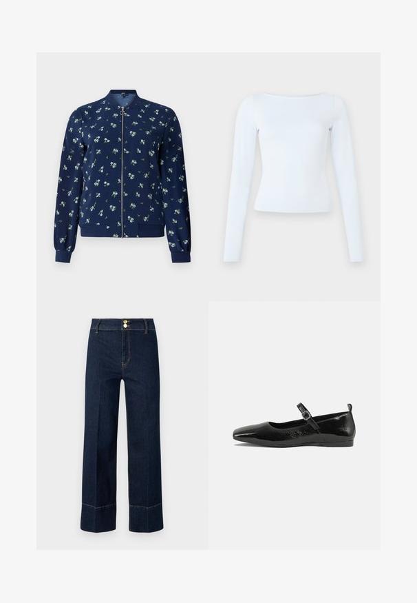Marineblå bomberjakke med blomstermønster i lyseblå og grøn, med lynlås foran, ribbede manchetter og nederkant for et tætsiddende look.; Langærmet, lyseblå tætsiddende bluse med bådudskæring og enkelt, rent design på en ensfarvet baggrund.; Mørkeblå højtaljede brede jeans med dobbelte guldknapper og synlig orange syning på en lys baggrund.; Sorte patentlæder flade sko med spidse tæer, en ankelrem med spænde og en glat, blank tekstur. Lav hæl for komfort.