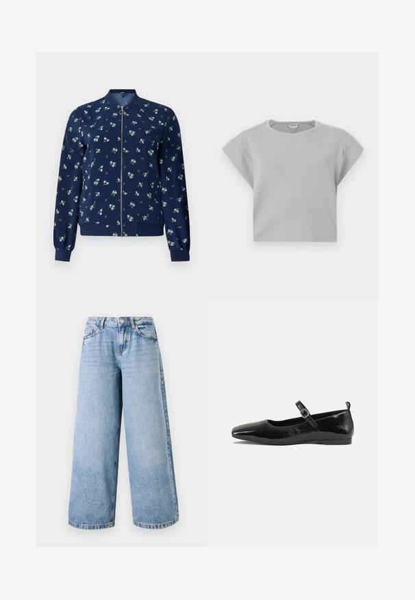 Marineblå bomberjakke med blomstermønster i lyseblå og grøn, med lynlås foran, ribbede manchetter og nederkant for et tætsiddende look.; Lys grå cropped sweatshirt med korte, rullede ærmer, rund halslinje og subtile sømdetaljer. Fremstillet af blødt, åndbart stof.; Lyseblå bredbenede jeans lavet af denim, med høj talje, lynlås og fem lomme-design. Syninger er synlige langs benene.; Sorte patentlæder flade sko med spidse tæer, en ankelrem med spænde og en glat, blank tekstur. Lav hæl for komfort.