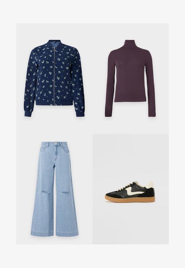 Marineblå bomberjakke med blomstermønster i lyseblå og grøn, med lynlås foran, ribbede manchetter og nederkant for et tætsiddende look.; Langærmet turtleneck top i dyb lilla, lavet af et glat, tætsiddende stof med ribbet tekstur og en høj krave.; Lyseblå bredbenede jeans med høj talje, der har to forlommer og to slidte knædetaljer, fremstillet af denimmateriale.; Sorte ruskinds- og lædersneakers med en cremefarvet side-swoosh og lys cremefarvet hæl. Har beige snørebånd og en gummirubber-sål.