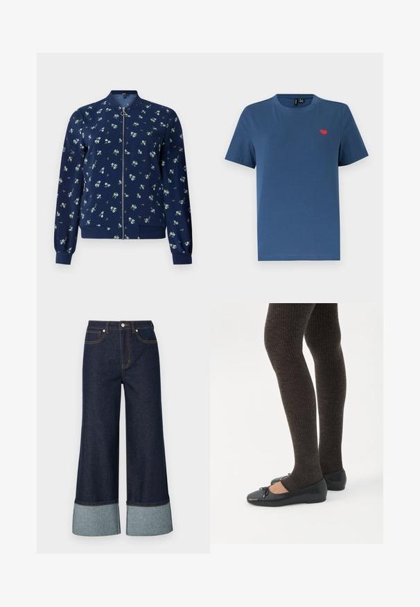 Ναυτικό bomber τζάκετ με floral σχέδιο σε ανοιχτό μπλε και πράσινο, με μπροστινό φερμουάρ, ραμμένα μανίκια και στρίφωμα για εφαρμοστό look.; Μπλε μπλουζάκι με κοντά μανίκια και στρογγυλή λαιμόκοψη, με ένα μικρό κόκκινο έμβλημα καρδιάς στο αριστερό στήθος, πάνω σε απλό λευκό φόντο.; Πλατύ παντελόνι τζιν από σκούρο τζιν, με μανσέτα από ανοιχτό τζιν. Ο σχεδιασμός περιλαμβάνει μπροστινές τσέπες και λεπτομέρειες αντίθετης ραφής.; Πόδια με σκουρόχρωμα ριμπ κολάν συνδυασμένα με μαύρα μπαλαρίνα παπούτσια με μικρές λεπτομέρειες φιόγκων σε λευκό φόντο.