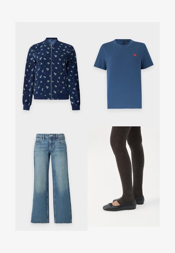 Marineblå bomberjakke med blomstermønster i lyseblå og grøn, med lynlås foran, ribbede manchetter og nederkant for et tætsiddende look.; Blå kortærmet T-shirt med rund hals og et lille rødt hjerteemblem på venstre bryst mod en ensfarvet hvid baggrund.; Lyseblå denimjeans med bred benform, der har en mellemhøj talje, forlommer og diskret falming, der viser en glat tekstur.; Ben iført mørke ribbede leggings kombineret med sorte balletsko med små sløjfedetaljer på hvid baggrund.