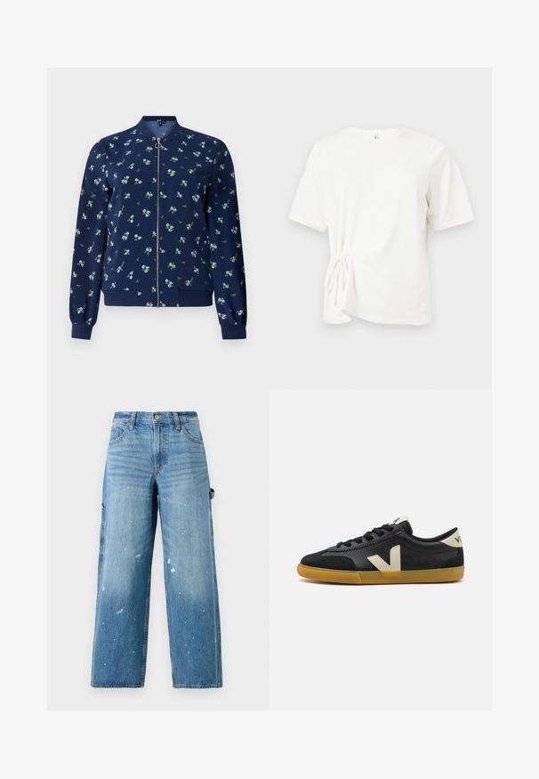 Chaqueta bomber de color azul marino con un patrón floral en azul claro y verde, con cremallera frontal, puños de canalé y dobladillo para un ajuste ceñido.; Camiseta de algodón blanca con mangas cortas, cuello redondo y detalle de nudo recogido en el lado izquierdo. Textura suave y ajuste regular.; Jeans cargo de mezclilla azul claro con piernas anchas, secciones desgastadas y detalle de manchas de pintura. Cuenta con bolsillos laterales y un cierre de botón.; Zapatilla negra con upper de cuero texturizado y ante, logo en crema en contraste, cordones negros y suela de goma. Diseño de perfil bajo.