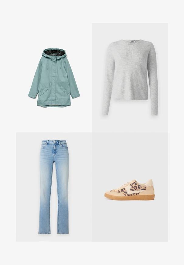 Lyseblå hættejakke med skjulte trykknapper foran, justerbare snore og to skrå klaplommer.; Grå strikket sweater med ribbet tekstur, lange ærmer og V-halsdesign. Enkel og minimalistisk fremtoning.; Lyseblå denimjeans med høj talje, lige ben og subtilt slid. Har fem lommer og bæltestropper.; Leopardprint sneakers med beige ruskindsoverdel, tan gummisål og hvide detaljer. Rund pegefinger og snørebåndsdesign med en tekstureret finish.