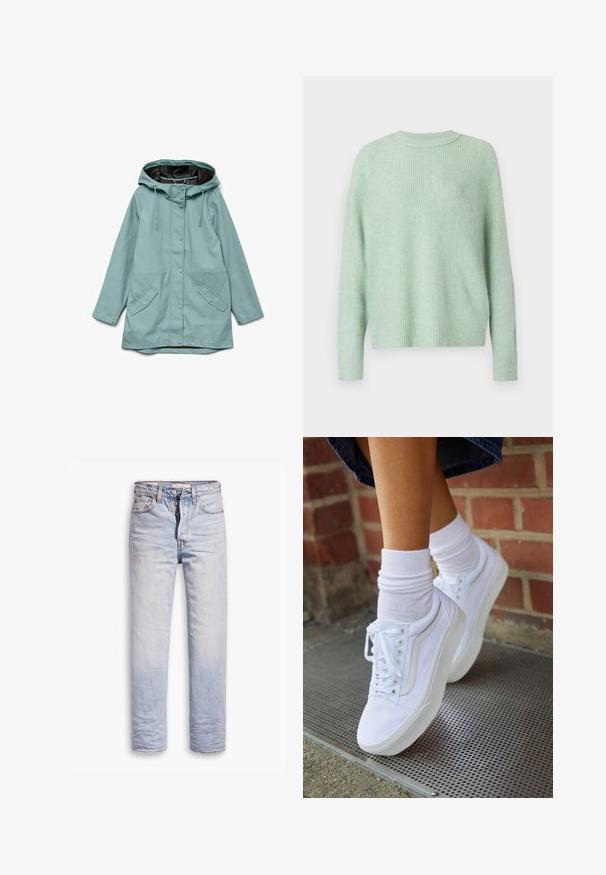 Lyseblå hættejakke med skjulte trykknapper foran, justerbare snore og to skrå klaplommer.; American Eagle CLASSIC CREW SHAKER - Striktrøje - turquoise; Lyseblå denimjeans med lige ben, der har en knaplukning, fem lommer og en diskret falmning langs benene.; Hvide lærreds sneakers med gummisåler, der har seks snørehuller, rund tå og let sømdetaljer, krydret med hvide ankelstrømper.