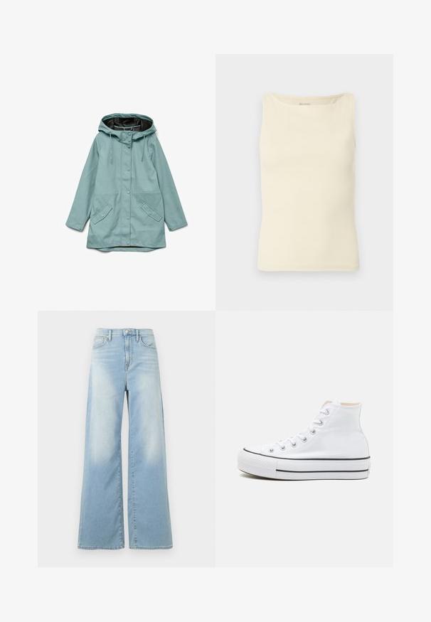 Lyseblå hættejakke med skjulte trykknapper foran, justerbare snore og to skrå klaplommer.; Lysecreme farvet tanktop lavet af ribstrikket stof med firkantet udskæring og ærmeløs design. Ingen synlige logoer eller mønstre.; Lyseblå jeans med vide ben og høj talje, forrest med knapper og lommer, vist mod en hvid baggrund.; Hvide høj-top sneakers lavet af kanvasmateriale, sort gummisål og kontrasterende sort stribe på mellemsålen. Rund tåhætte og snørebåndsdesign.