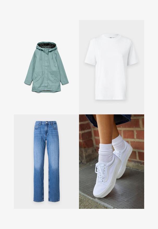 Lyseblå hættejakke med skjulte trykknapper foran, justerbare snore og to skrå klaplommer.; Hvid bomulds T-shirt med rund hals, kortærmet og en glat tekstur. Designet med en afslappet pasform for komfort og alsidighed.; Lyseblå denimjeans med høj talje, lige ben og slidte områder. Har almindelige for- og baglommer samt en knaplukning.; Hvide lærreds sneakers med gummisåler, der har seks snørehuller, rund tå og let sømdetaljer, krydret med hvide ankelstrømper.
