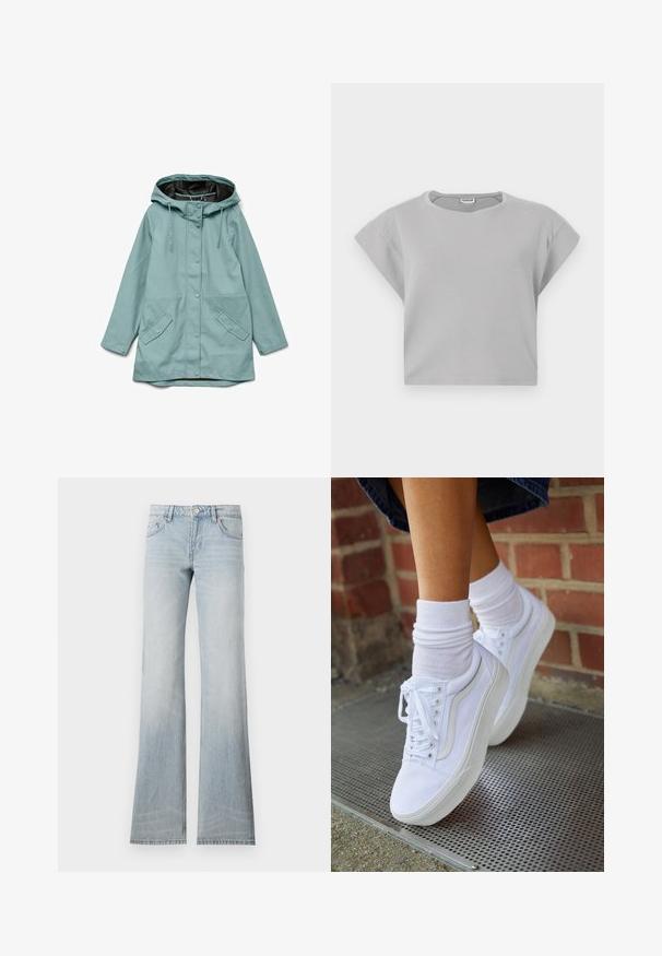 Lyseblå hættejakke med skjulte trykknapper foran, justerbare snore og to skrå klaplommer.; Lys grå cropped sweatshirt med korte, rullede ærmer, rund halslinje og subtile sømdetaljer. Fremstillet af blødt, åndbart stof.; Lyseblå denim flared jeans med en slidt finish, fem lommer og knaplukning. Stoffet har en glat tekstur og let stræk.; Hvide lærreds sneakers med gummisåler, der har seks snørehuller, rund tå og let sømdetaljer, krydret med hvide ankelstrømper.