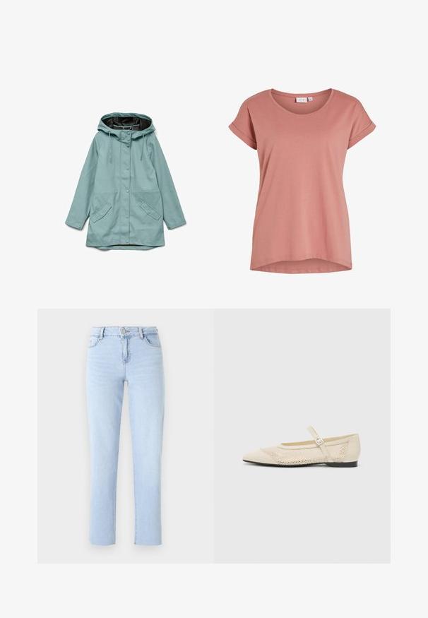 Lyseblå hættejakke med skjulte trykknapper foran, justerbare snore og to skrå klaplommer.; Lyserød kortærmet dame T-shirt med rund halsudskæring og opsmøgede ærmekanter, ensfarvet design og let buet kant.; Lyseblå lige ben jeans lavet af denim, med en standard talje, fem lommer og subtile sømdetaljer.; Beige balletflader med spids tå, mesh design overlay og en side spænde. Flad sål med en glat tekstur.