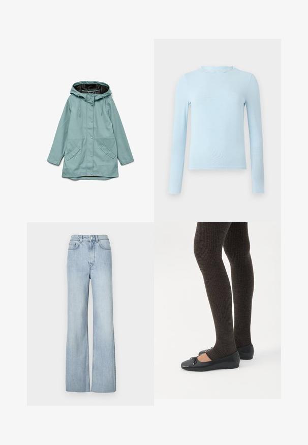 Imperméable bleu clair à capuche avec boutons-pression à l'avant, cordons ajustables et deux poches à rabat obliques.; Haut bleu clair à manches longues en tissu lisse, présentant un col à bordures festonnées et une coupe ajustée, avec un ourlet droit et sans motifs.; Jeans en denim bleu clair évasés avec taille haute, dotés de poches avant et de coutures discrètes le long des jambes.; Jambes portant des leggings côtelés foncés associés à des ballerines noires avec de petits détails en nœud sur fond blanc.