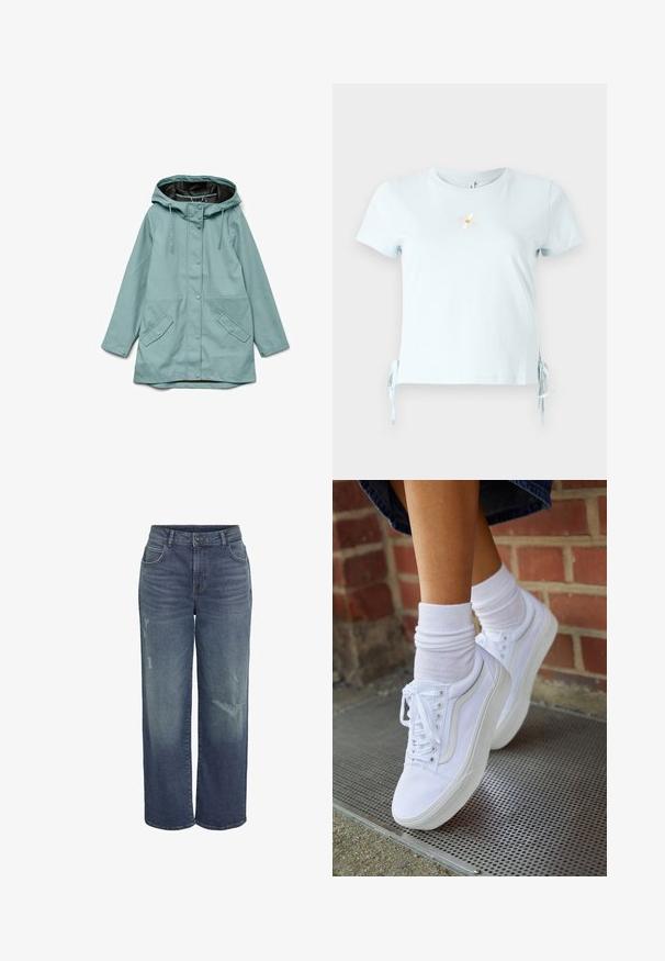 Imperméable bleu clair à capuche avec boutons-pression à l'avant, cordons ajustables et deux poches à rabat obliques.; T-shirt en coton bleu clair avec des manches courtes, des liens sur les côtés et un motif de marguerite brodé avec le mot "Sourire" en dessous.; Jean en denim bleu à jambes larges et taille haute, présentant des zones déchirées et un design classique à cinq poches. Texture douce, coupe décontractée.; Baskets en toile blanches avec semelles en caoutchouc, dotées de six œillets, d'un bout rond et de détails de couture légers, portées avec des chaussettes blanches mi-mollet.