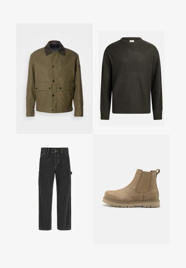 Olivegrüne Jacke aus strukturiertem Stoff, mit einem braunen Cordkragen, Druckknöpfen, zwei Fronttaschen und einer Reißverschlusstasche auf der Brust.; Dunkelgrüner, dick gestrickter Pullover mit Rundhalsausschnitt, schmaler Schulternaht und strukturiertem Muster. Gerippte Bündchen und Saum.; Schwarze Denim-Cargo-Hosen mit geradem Bein, ausgestattet mit gelben Nähten und Seitentaschen. Mit einem Knopfverschluss und Gürtelschlaufen gestaltet.; Braune Wildleder Chelsea-Stiefel mit elastischen Seitenpaneelen, einem Schlaufe-Tab und einer strukturierten Gummisohle für besseren Halt. Rund zulaufende Zehenform.