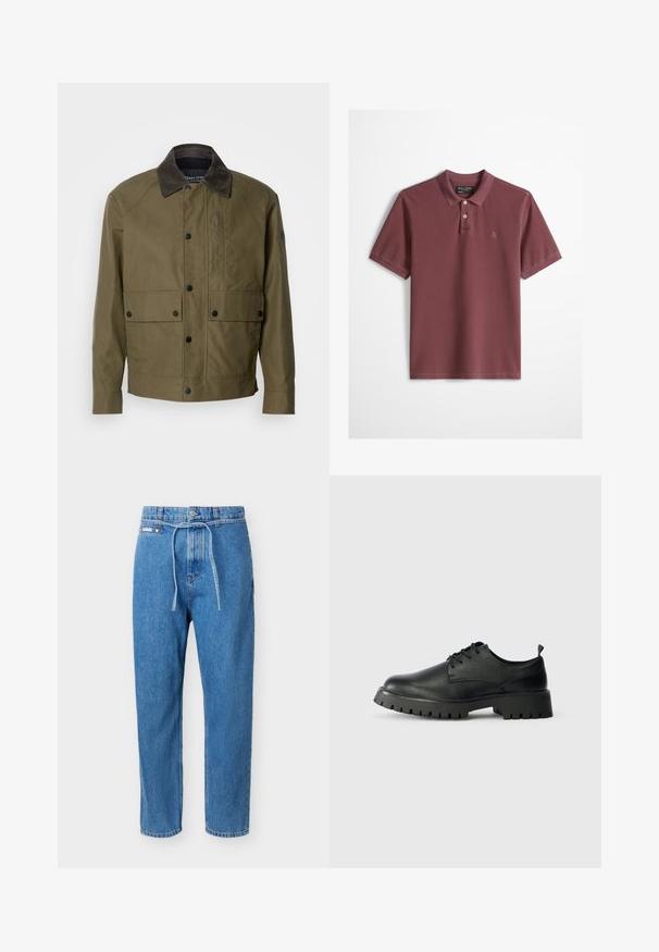 Olivegrüne Jacke aus strukturiertem Stoff, mit einem braunen Cordkragen, Druckknöpfen, zwei Fronttaschen und einer Reißverschlusstasche auf der Brust.; Bordeauxrotes Polo-Shirt mit kurzen Ärmeln, zwei beigen Knöpfen, Kragen und kleinem gesticktem Logo auf der linken Brust.; Blaue Jeans aus Denim mit geradem Bein, hoher Taille, vorderer Knopfleiste, Reißverschluss und einem dünnen Denim-Gürtel, der in der Taille gebunden ist.; Schwarze Leder Schnürschuhe mit runder Spitze, strukturierten Oberflächen und dicker Gummisohle mit tiefen Profilen für besseren Grip.