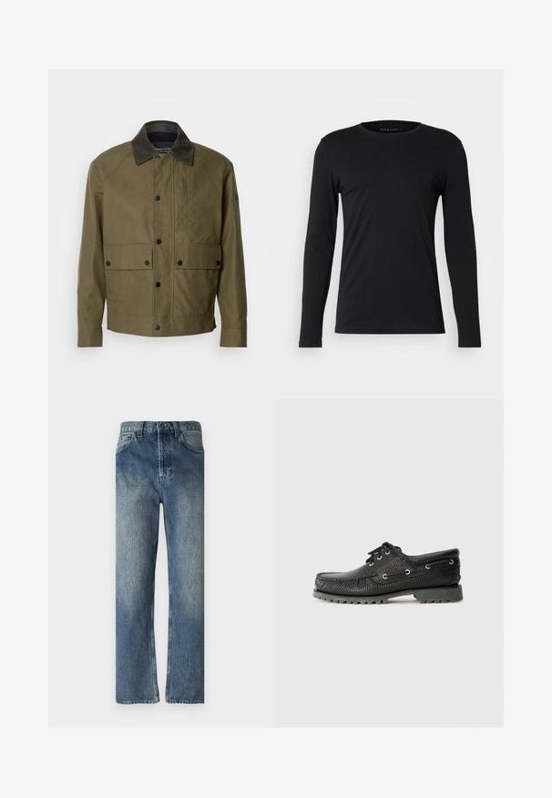 Olivegrüne Jacke aus strukturiertem Stoff, mit einem braunen Cordkragen, Druckknöpfen, zwei Fronttaschen und einer Reißverschlusstasche auf der Brust.; Schwarzes Langarm-T-Shirt aus weichem Stoff. Mit Rundhalsausschnitt und figurbetonter Silhouette, ohne sichtbare Grafiken oder Verzierungen.; Blaue Denim-Jeans mit geradem Bein, featuring einem verwaschenen Look, Gürtelschlaufen, Vordertaschen und einer einzelnen Gesäßtasche.; Schwarze, strukturierte Schnürschuhe mit runder Zehenform, metallischen Ösen und einer robusten grauen Gummisohle. Verfügt über ein gewebtes Muster im oberen Bereich.