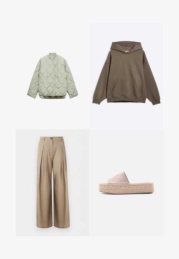 Lys grøn quiltet jakke med rund halsudskæring, frontlukning, oversized pasform og diamantformede mønstre på stoffet.; Brun oversized hættetrøje med foran kængurulomme og ribstrikkede ærmeafslutninger, vist på en ensartet lys baggrund.; Beige vidde bukser med for-pressedur, knaplukning, bæltestropper og en glat stoffinish, vist mod en hvid baggrund.; Beige platform-sandal med vævet tekstursål og bredt læderrem over foden.