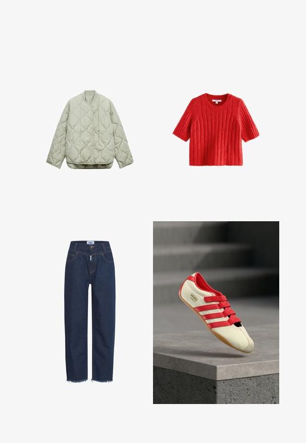 Lys grøn quiltet jakke med rund halsudskæring, frontlukning, oversized pasform og diamantformede mønstre på stoffet.; Rød ribbet strikket kortærmet sweater med en rund halsudskæring, lavet af et blødt, fuzzy tekstureret stof.; Mørkeblå denim jeans med højt talje, lige ben og flagrende søm. Har guldgarnering og fem lommer.; Rød og creme atletiksko med tre røde striber, blød overdel, gummisål og velcrolukninger. Har et slankt, lavprofildesign.