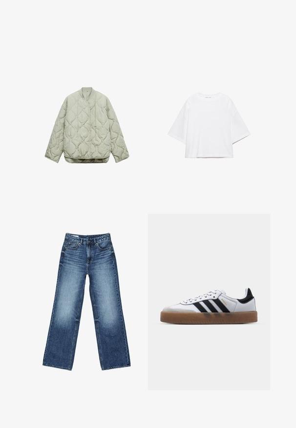 Lys grøn quiltet jakke med rund halsudskæring, frontlukning, oversized pasform og diamantformede mønstre på stoffet.; Hvid, kortærmet, løs t-shirt lavet af blød bomuld. Har rund halsudskæring og brede ærmer, med et rent, enkelt design.; Blå denimjeans med falmet vask på lårene, lige bred ben-snit, foran med knap, lynlås og fem-lomme-stil.; Hvide lædersneakers med sorte striber, gummirubber sål, rund tå, snørelukning og blød grå ruskinds tåhætte.