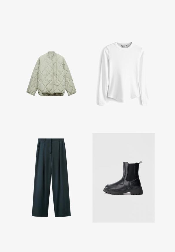 Lys grøn quiltet jakke med rund halsudskæring, frontlukning, oversized pasform og diamantformede mønstre på stoffet.; Hvid langærmet ribbet t-shirt med rund hals og rundet kant samt sideslids, fremstillet af et blødt, struktureret stof.; Sorte bukser med vidde ben, forfolder foran, sidelommer og bæltestropper, vist mod en hvid baggrund.; Sorte chelsea støvler lavet af glat læder, med elastiske sidepaneler, en tyk, robust sål, og en løkke bagpå for nem påtagning.