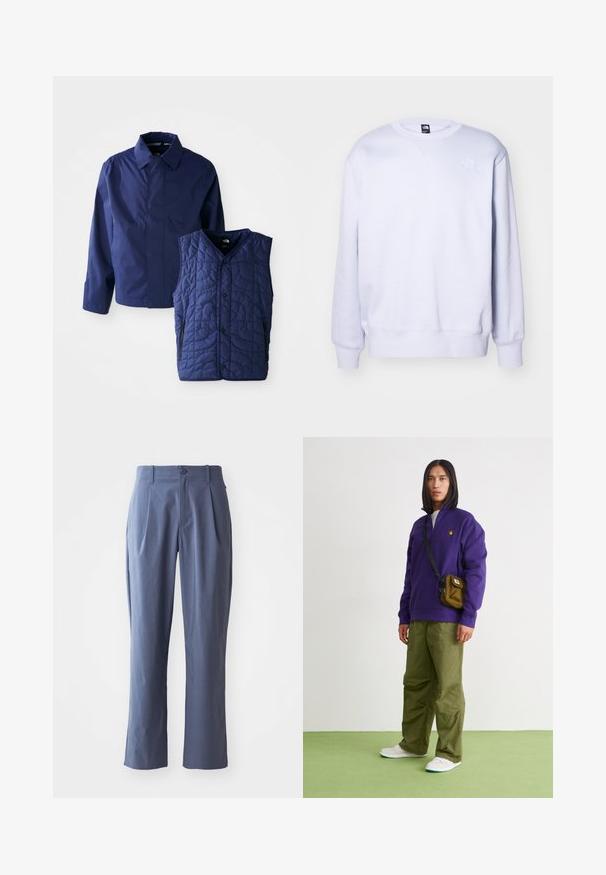 Chaqueta de hombre azul marino con cuello y mangas largas, junto a un chaleco sin mangas azul marino acolchado con botones frontales y bolsillos con cremallera.; Sudadera de color púrpura claro, mezcla de algodón, cuello redondo, puños y dobladillo acanalados, presenta un pequeño logotipo blanco en la parte superior izquierda del frente. Textura suave.; Pantalones azul marino con pinzas, de corte recto, fabricados en tela ligera, con un cierre frontal de un solo botón y trabillas para el cinturón.; Jordan AIR JORDAN 1 ZM CMFT 2 - Zapatillas altas - summit white/bicoastal/oxidized green
