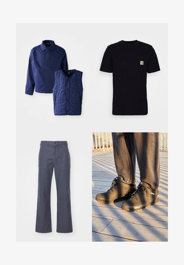 Marineblaue Herrenjacke mit Kragen und langen Ärmeln, neben einer gesteppte marineblauen ärmellosen Weste mit Druckknöpfen vorne und Reißverschlusstaschen.; Schwarzes Baumwoll-T-Shirt mit kurzen Ärmeln, rundem Hals und einer Brusttasche, die mit einem kleinen, quadratischen Logo-Patch versehen ist. Einfaches, einfarbiges Design.; Dunkelgraue, weit geschnittene Hose aus Baumwolle. Mit zwei vorderen Taschen und einem Knopfverschluss. Glatte Textur mit einem lässigen Design.; Schwarze Timberland-Wanderstiefel mit hohem Schaft, strukturierten Oberflächen und runden Schnürsenkeln, vor einem Holzboden-Hintergrund.