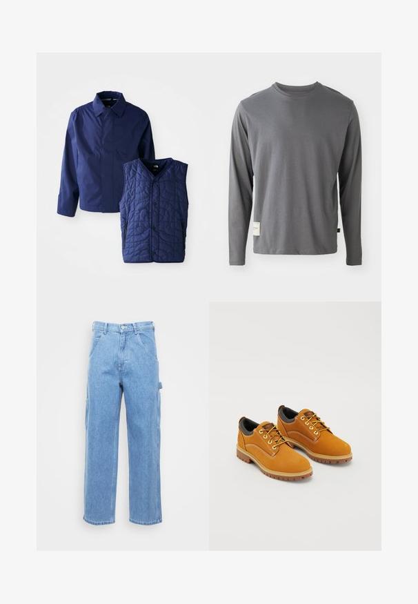 Mørkeblå herrejakke med krave og lange ærmer ved siden af en quilted mørkeblå ærmeløs vest med forhåndsnaps og lynlåslommer.; Langærmet grå t-shirt lavet af blødt stof; rund halsudskæring; diskrete sømdetaljer; mærke i nederste venstre hjørne med tekst.; Lyseblå denim cargo bukser med lige ben, forlommer og sidelommer. Stofstrukturen er glat med en let falmet overflade.; Brune ruskindssko med rund tå, gule snørebånd, en polstret sort krave og gummisåler med skridsikre riller.