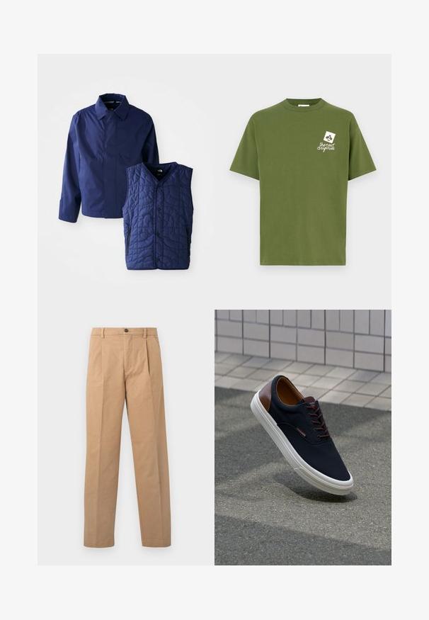 Mørkeblå herrejakke med krave og lange ærmer ved siden af en quilted mørkeblå ærmeløs vest med forhåndsnaps og lynlåslommer.; Olivengrøn bomulds-T-shirt med rund hals og korte ærmer. Har en hvid grafik på venstre bryst med teksten "the new originals."; Khaki bukser med lige ben-design, lavet af bomuldsstof; har en enkelt knaplukning og to frontfolder.; Marineblå canvas sneakers med brune læderdetaljer, hvid gummisål og brune snørebånd. Har et minimalistisk design og logo-detajle.