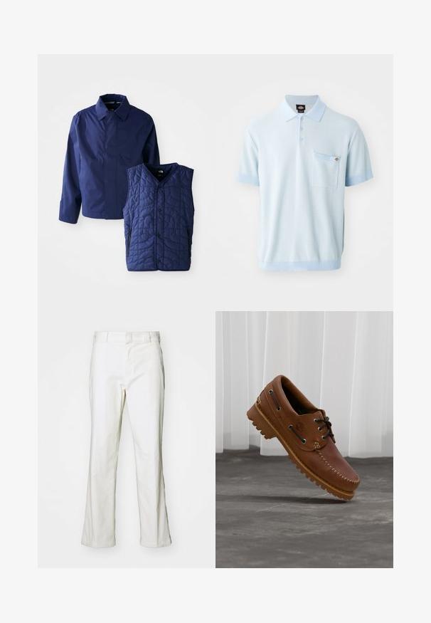 Marineblaue Herrenjacke mit Kragen und langen Ärmeln, neben einer gesteppte marineblauen ärmellosen Weste mit Druckknöpfen vorne und Reißverschlusstaschen.; Helles blaues Polohemd aus strukturiertem Stoff, mit drei Knöpfen, kurzen Ärmeln mit kontrastierenden Bündchen und einer Brusttasche.; Weiße Baumwollhosen mit geradem Schnitt, ausgestattet mit einem Bund und normalen Taschen. Der Stoff wirkt glatt und leicht strukturiert.; Brauner Leder-Bootsschuh mit schwarzen Schnürsenkeln, beigen Nähten und einer robusten Sohle, schwebt über einem grauen Betonboden.